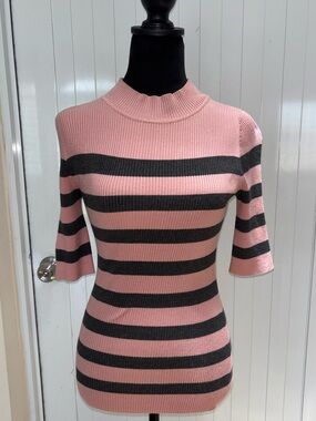 Striped Pink & Gray Short Sleeve Knit Sweater